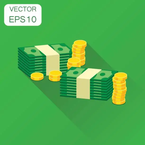 Vector illustration of Stacks of gold coins and stacks of dollar cash icon. Business concept money pictogram. Vector illustration on green background with long shadow.