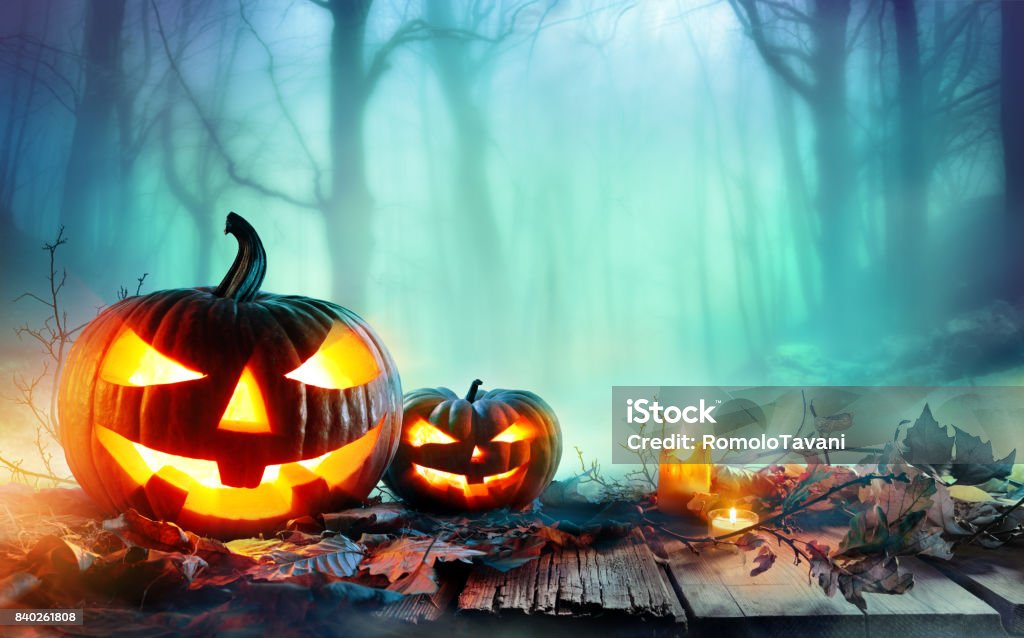 Pumpkins Burning In A Spooky Forest At Night - Halloween Background Jack O' Lantern In Woodland With Mist Halloween Stock Photo