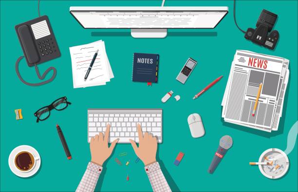 Writer or journalist workplace. Writer or journalist workplace. Desktop pc, newspaper, mouse. Paper sheets with text, pen. Ashtray, cigarette, coffee. Eyeglasses phone microphone, photo camera Vector illustration in flat style typing on computer keyboard stock illustrations