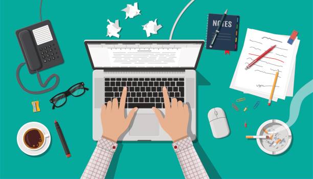 Writer or journalist workplace. Writer or journalist workplace. Laptop pc, draft, mouse. Paper sheets on working table with text, pen, pencil. Ashtray, cigarette, coffee cup. Eyeglasses phone. Vector illustration in flat style typing on computer keyboard stock illustrations