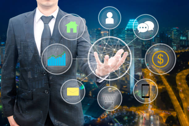 istock Double exposure of professional businessman connected and presented Cloud technology and internet of things and wireless network with night skyscraper cityscape background , business and technology concept 840265518