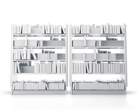 Front view of library book shelf shelves on neutral background. 3D rendered image.