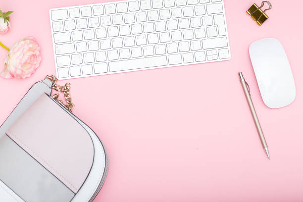 istock female desktop with accessories. mock up 840269254