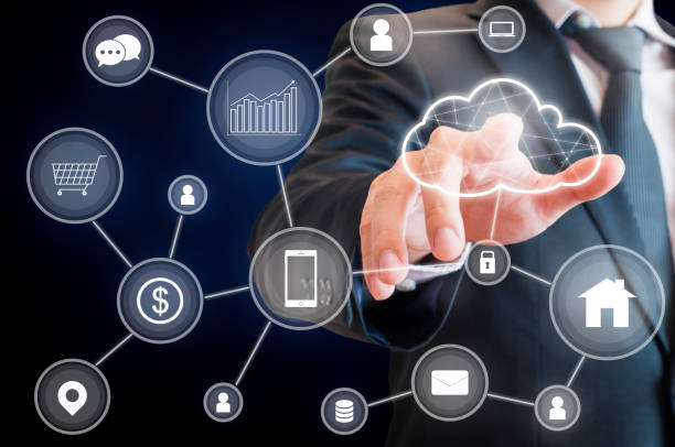 istock Professional businessman connecting cloud technology network and devices on hand in internet of things , technology , communication and business concept 840269668