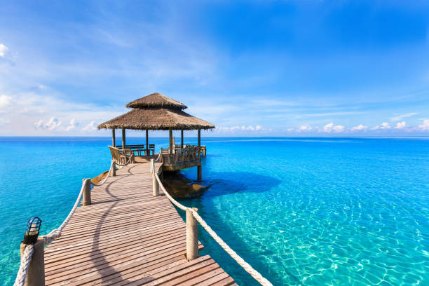 bellissimo paesaggio estivo della spiaggia tropicale, molo di legno, acqua di mare turchese - capanna foto e immagini stock