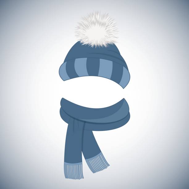 冬の青いキャップ ポンポムとフリンジ付きマフラー。 - scarf winter hat clothing点のイラスト素材／クリップアート素材／マンガ素材／アイコン素材