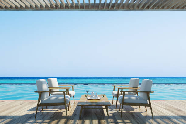 istock White armchairs and table near a pool 840280392
