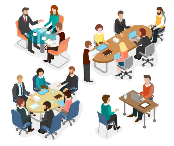 The office team discussed working questions at the table. Employees of the office team discussed working questions at the table.  Business concept flat 3d isometric infographic vector. business meeting stock illustrations