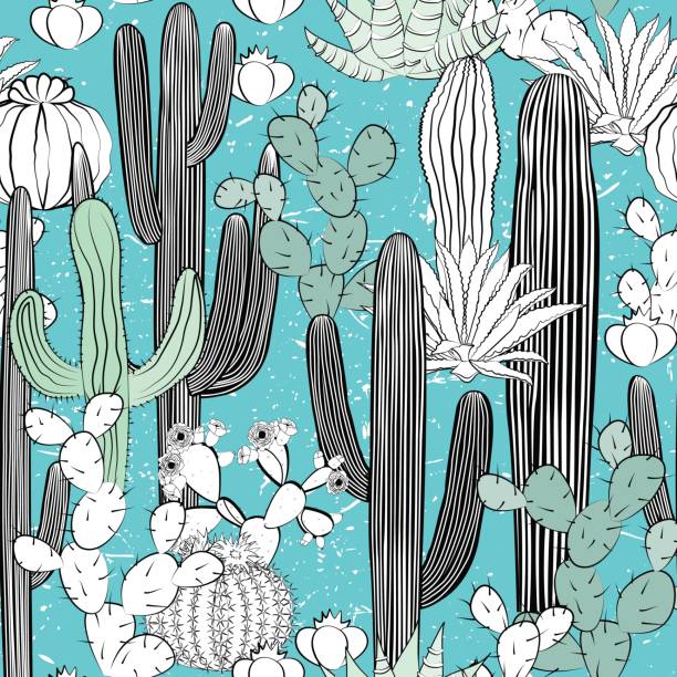 선인장과 완벽 한 패턴입니다. 야생 선인장 숲 - agave cactus natural pattern pattern stock illustrations