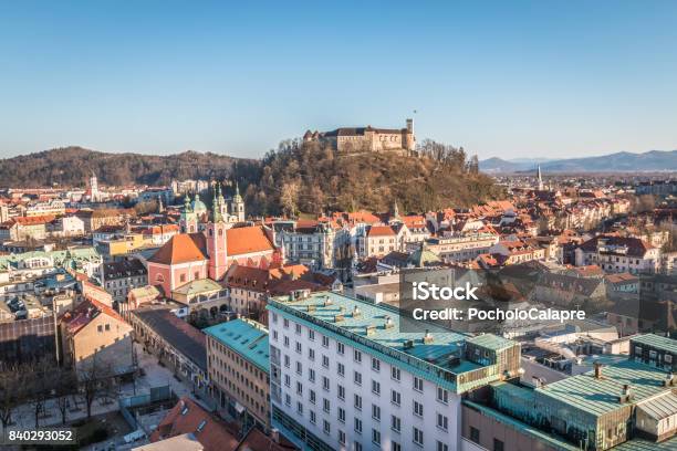 Ljubjana Castle In Slovenia Stock Photo - Download Image Now - Aerial View, Architecture, Built Structure
