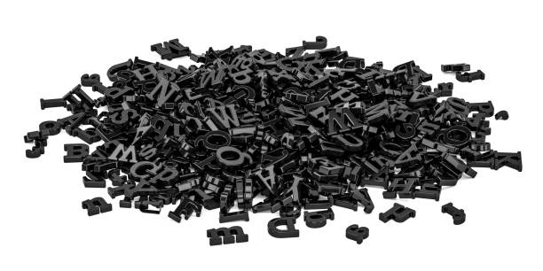 pile of black letters, 3d rendering  isolated on white background - untidy text imagens e fotografias de stock