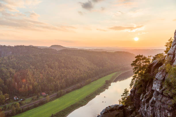istock View from high mountain to narrow river in the forest 840303584