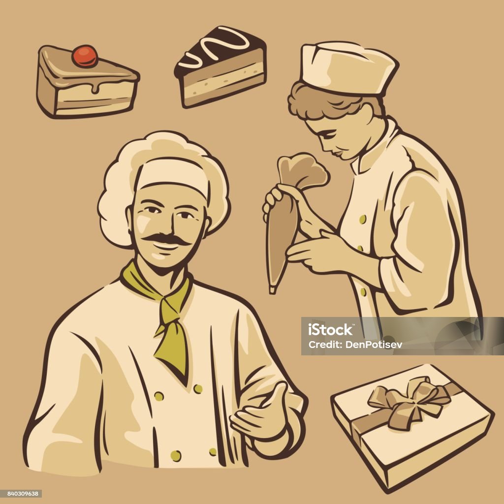 Cook and piece of Cake. Set vintage vector symbols and icon Cook and piece of Cake. Set vintage vector symbols and icon. Chef stock vector