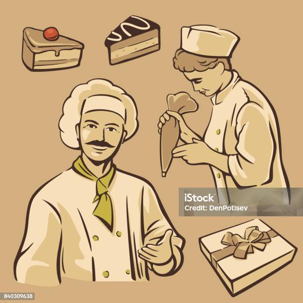 Cook And Piece Of Cake Set Vintage Vector Symbols And Icon Stock Illustration - Download Image Now