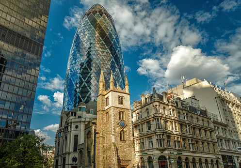 LONDON, circa 2016 -  A close-up  view of The Gherkin (30 St Mary Axe), one of the most famous landmarks of the City of London, England, UK