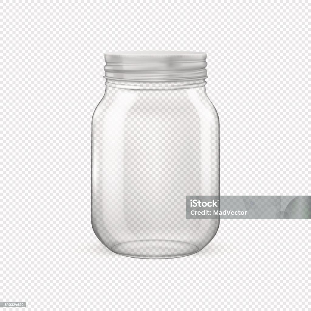 Vector realistic empty glass jar for canning and preserving with silvery lid closeup isolated on transparent background. Design template for advertise, branding, mockup. EPS10 Vector realistic empty glass jar for canning and preserving with silvery lid closeup isolated on transparent background. Design template for advertise, branding, mockup. EPS10 illustration. Mason Jar stock vector