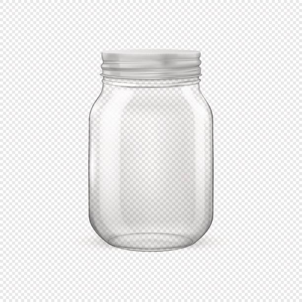 Vector realistic empty glass jar for canning and preserving with silvery lid closeup isolated on transparent background. Design template for advertise, branding, mockup. EPS10 Vector realistic empty glass jar for canning and preserving with silvery lid closeup isolated on transparent background. Design template for advertise, branding, mockup. EPS10 illustration. mason jar stock illustrations