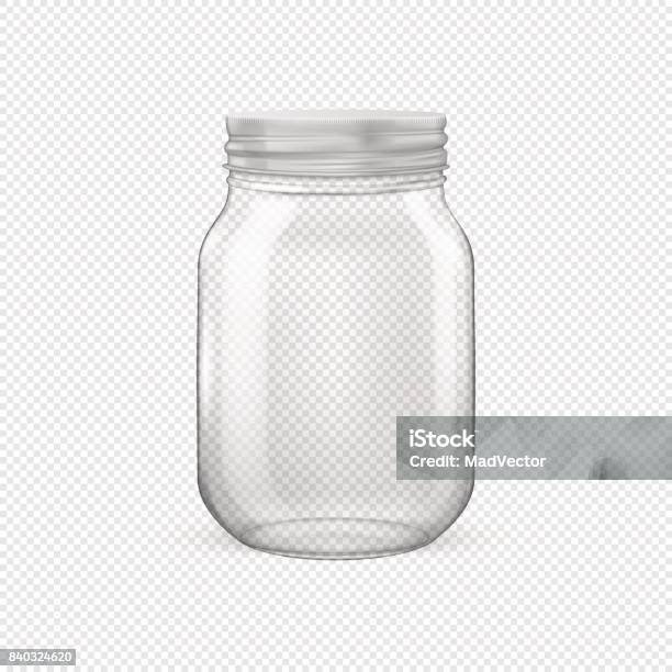 Vector Realistic Empty Glass Jar For Canning And Preserving With Silvery Lid Closeup Isolated On Transparent Background Design Template For Advertise Branding Mockup Eps10 Stock Illustration - Download Image Now