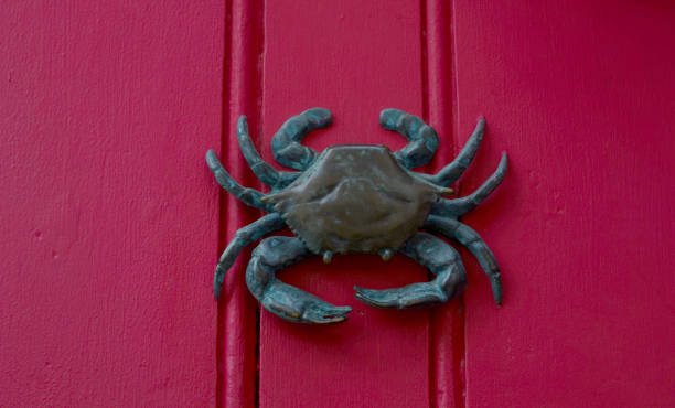 istock Brass crab knocker, knocker on red wooden door, decorative element 840329696