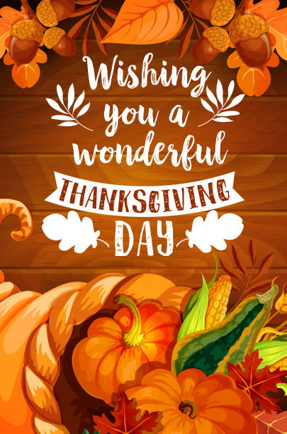 день благодарения рог изобилия на деревянном фоне плаката - thanksgiving frame food crop stock illustrations