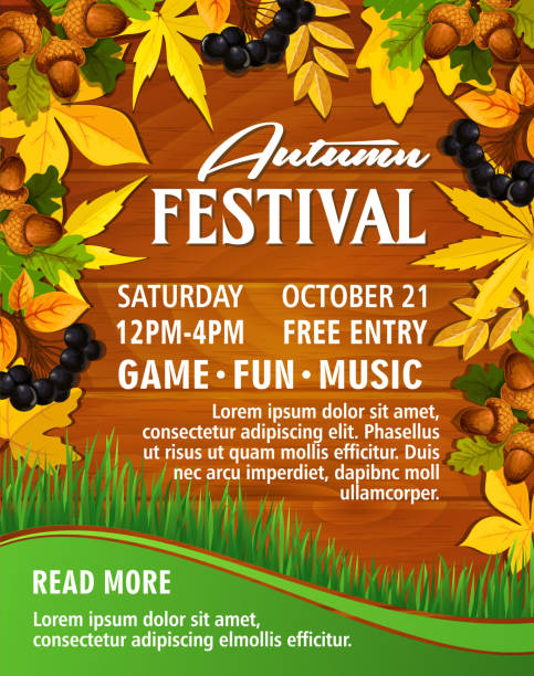 Autumn picnic music party festival vector poster Autumn festival invitation poster or web banner template for music party or seasonal park picnic. Vector design of maple leaf, oak acorn or rowan berry on autumn green grass and wood background poplar tree audio stock illustrations