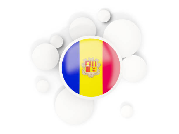 Round flag of andorra with circles pattern isolated on white. 3D illustration