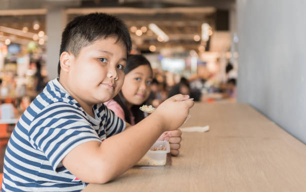 Obese brother and sister eating box lunch in food court Obese brother and sister eating box lunch in food court, fastfood concept overweight child stock pictures, royalty-free photos & images