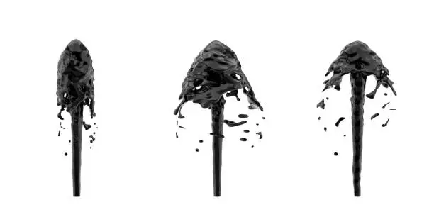 Photo of 3d rendering of three oil fountains shooting black liquid up and splashing it around