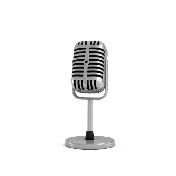 istock 3d rendering of a silver metal retro tabletop microphone with a round base 840375780