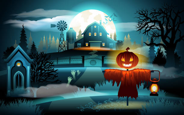 ilustrações de stock, clip art, desenhos animados e ícones de scary old graveyard and farm house on blue moonlight - halloween background. scarecrow with pumpkin head - barn farm moon old