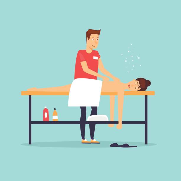 ilustrações de stock, clip art, desenhos animados e ícones de woman relaxing on massage table. male masseur. flat design vector illustration. - massaging human hand massage therapist vector