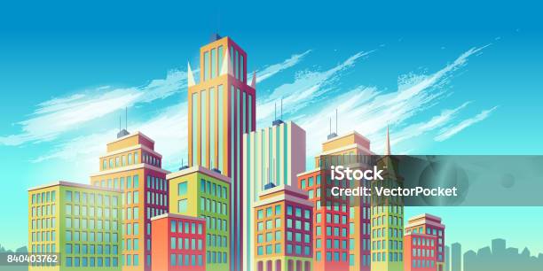 Vector Cartoon Illustration Banner Urban Background With Modern Big City Buildings Stock Illustration - Download Image Now