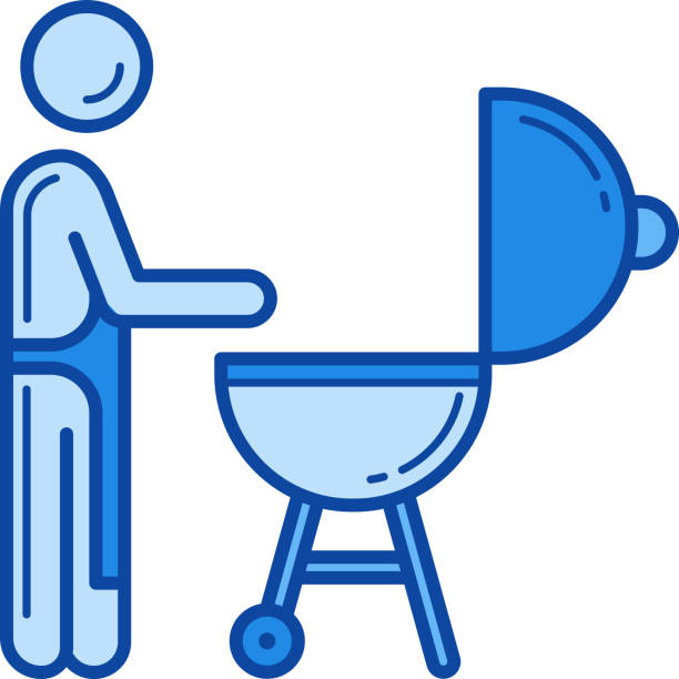 Outdoor grill line icon Outdoor grill vector line icon isolated on white background. Outdoor grill line icon for infographic, website or app. Blue icon designed on a grid system. man grilling white background stock illustrations