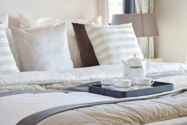 istock elegant tea cup set on black tray in modern bedroom interior 840407830
