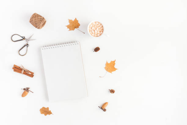 istock Cup of coffee, notebook, autumn leaves. Flat lay, top view. 840409376