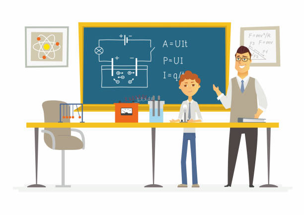 학교-현대 만화 사람들 문자 그림에서 과학 수업 - desk men bizarre classroom stock illustrations