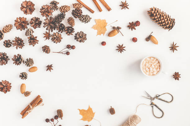 istock Coffee, accessories, autumn leaves, pine cones. Flat lay, top view 840409440