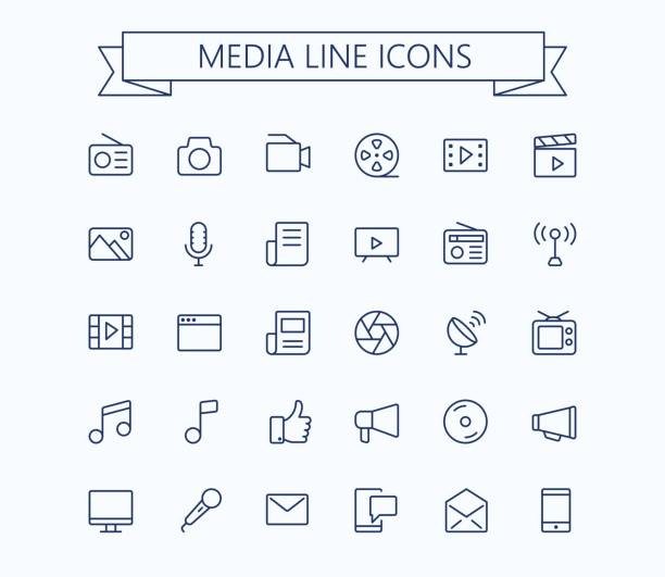 ilustrações de stock, clip art, desenhos animados e ícones de multimedia vector icons set. thin line outline 24x24 grid. pixel perfect.editable stroke. - dacian