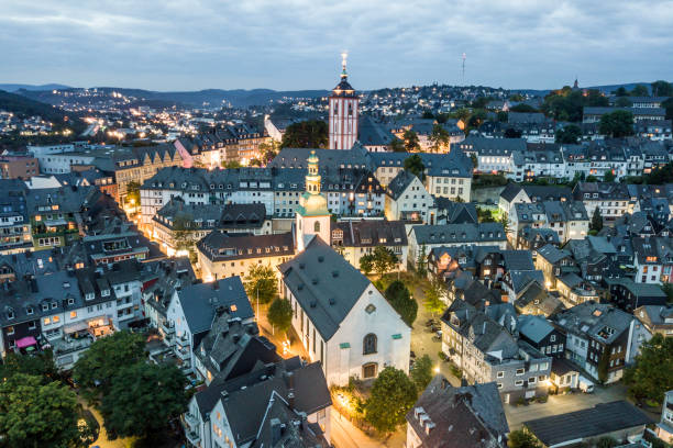 Old town of Siegen at night, Germany stock photo