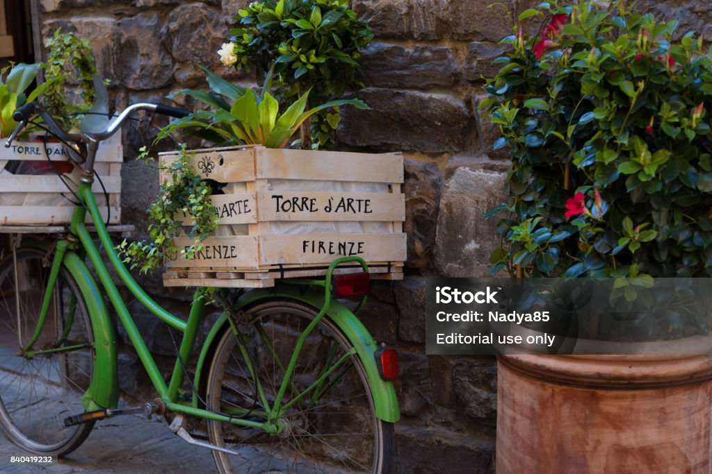 FLORENCE, ITALY – МАY 25, 2017 FLORENCE, ITALY – МАY 25, 2017: Boxes with plant on a green Italian Bicycle. Alley Stock Photo