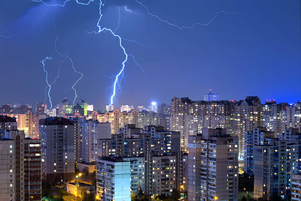 Large lightning bolts above the city.