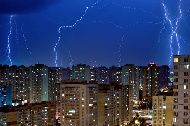 istock Large lightning bolts above the city. 840420410