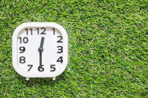 istock Closeup white clock for decorate show a half past twelve or 12:30 p.m. on green artificial grass floor textured background with copy space 840421460