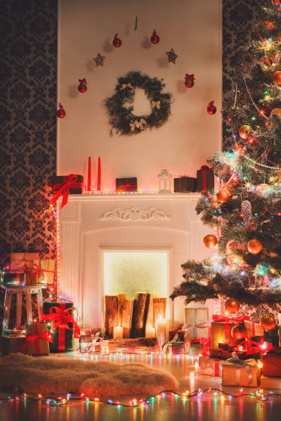 istock Christmas room interior design, decorated tree in garland lights 840431582