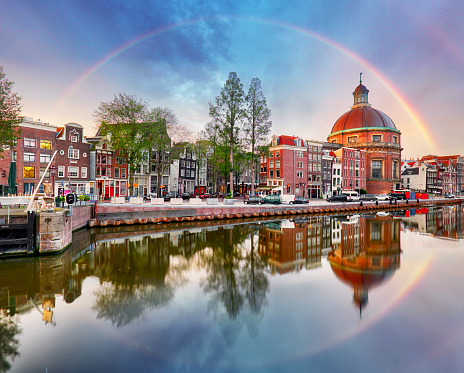 Traditional Dutch apartment buildings in the heart of Amsterdam, Holland.