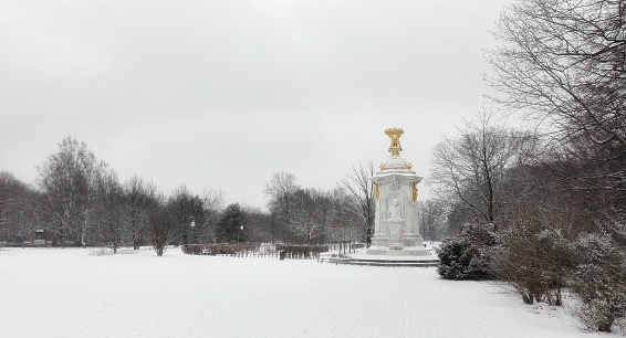 The Tiergarten, the main park in Berlin, in winter, with snow.