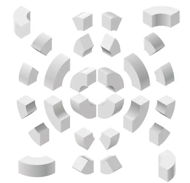 Vector illustration of Arched shapes in isometric perspective, isolated on white background. Basic building blocks for creating abstract objects, background.