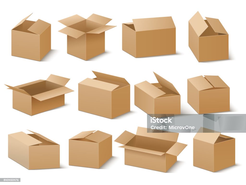 Paquete del cartón de envío y entrega. Conjunto de vectores de cajas de cartón marrón - arte vectorial de Caja de cartón libre de derechos