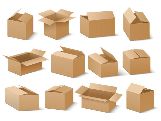 ilustraciones, imágenes clip art, dibujos animados e iconos de stock de paquete del cartón de envío y entrega. conjunto de vectores de cajas de cartón marrón - caja de cartón