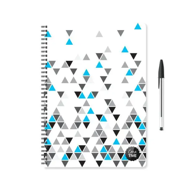 Vector illustration of Notepad template with abstract geometric background and ballpoint pen